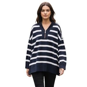 Belle and Bloom Tunic Women 4X Navy White Striped Quarter Zip Oversized Soft NWT